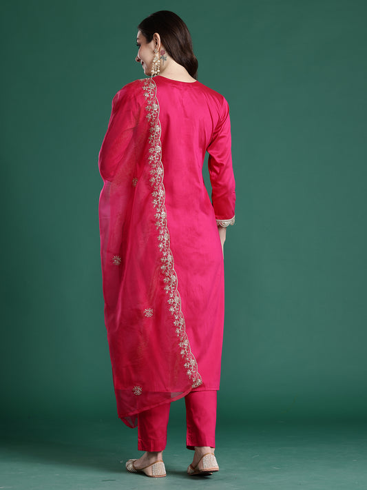 Blue Printed Straight Kurta Trousers With Dupatta Set