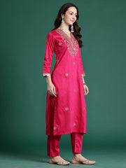 Blue Printed Straight Kurta Trousers With Dupatta Set