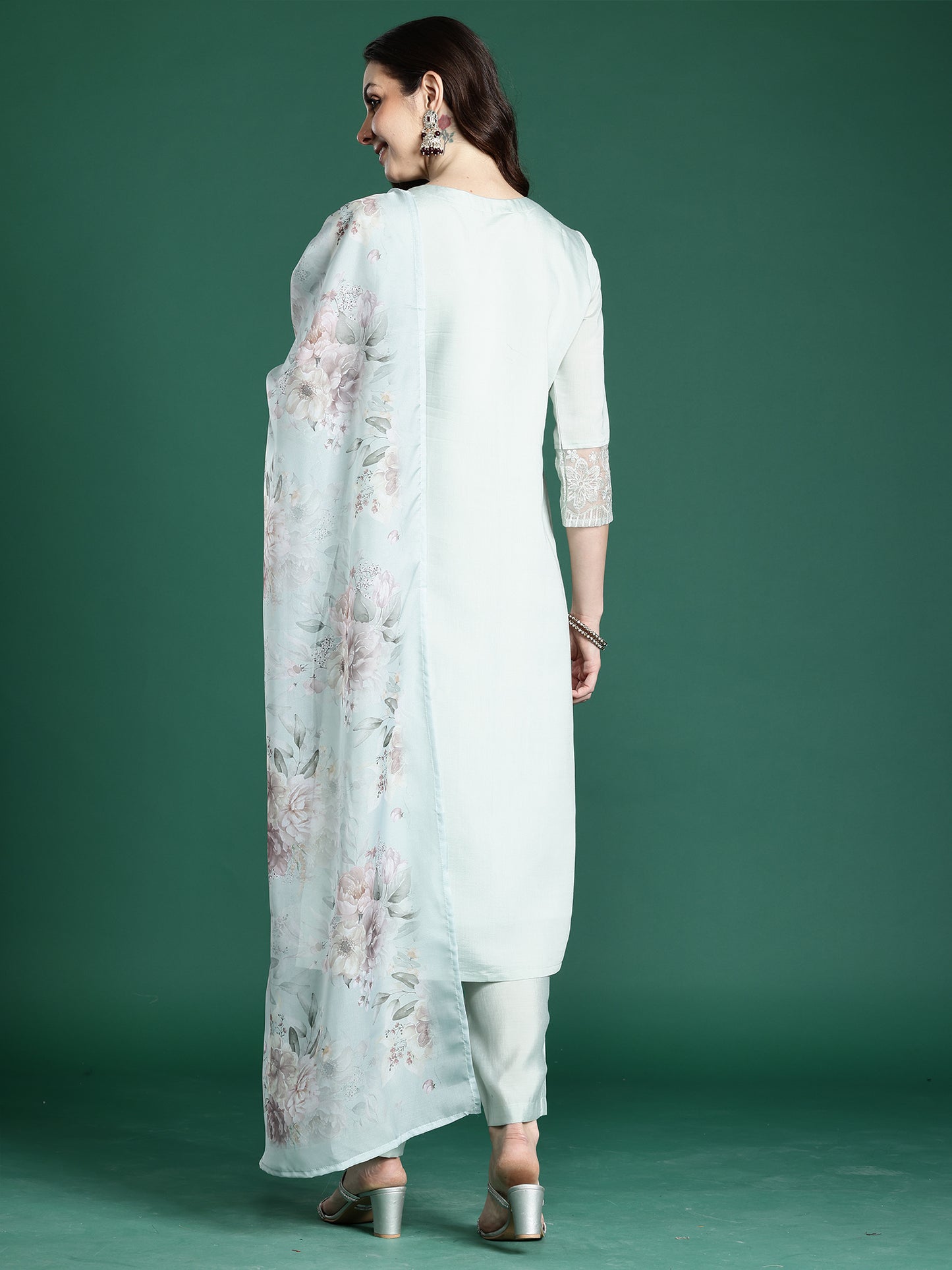 Sea Green Embroidered Straight Kurta Trousers With Dupatta set