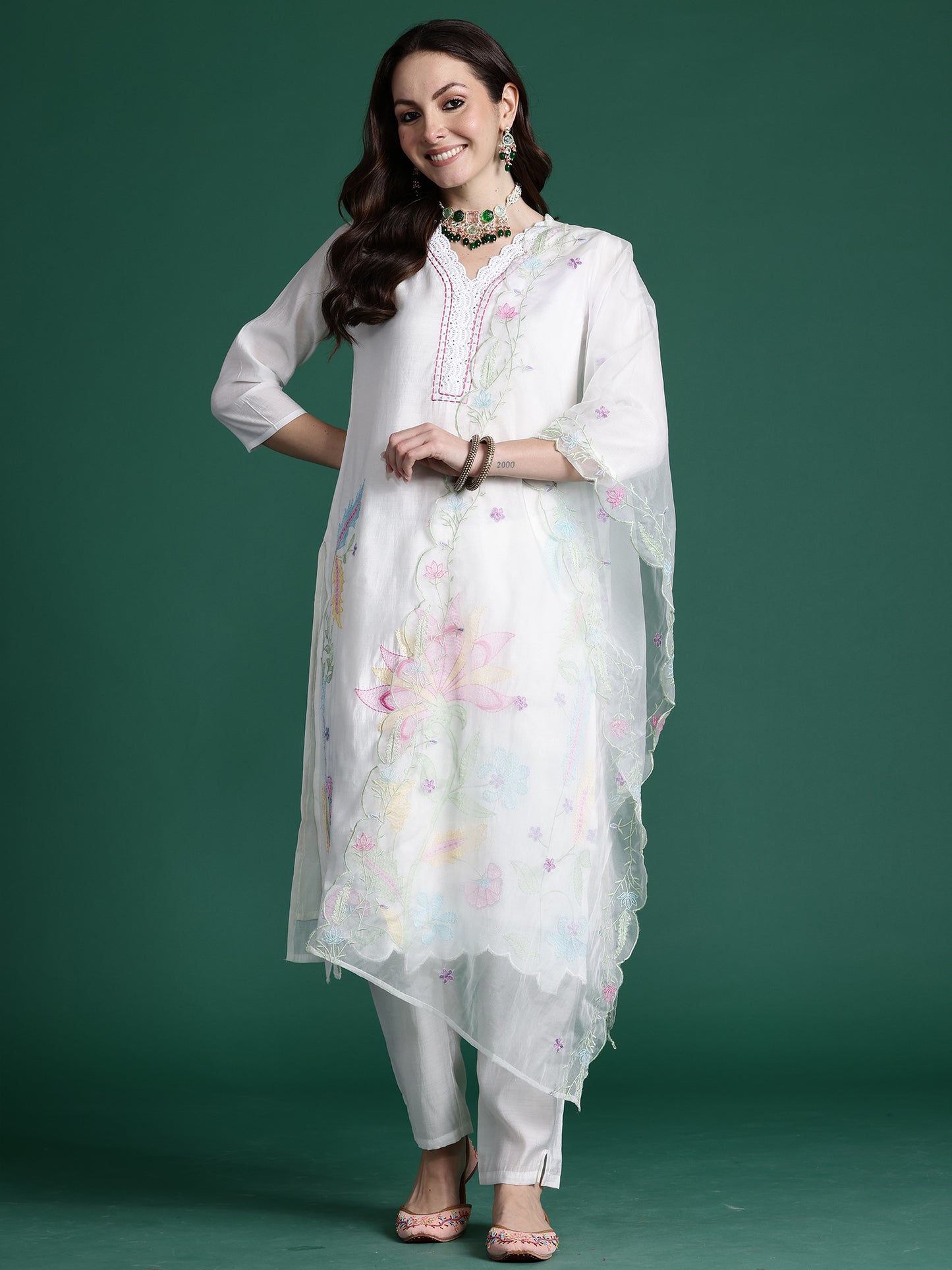 White Solid Straight Kurta Trousers With Dupatta set