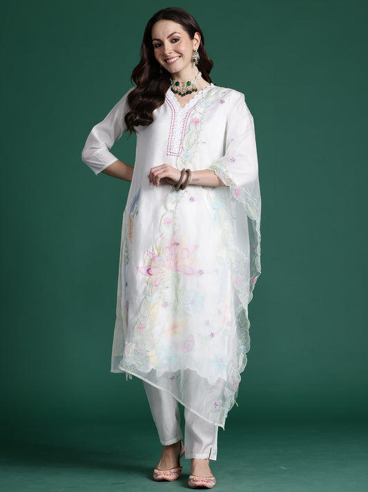 White Solid Straight Kurta Trousers With Dupatta set