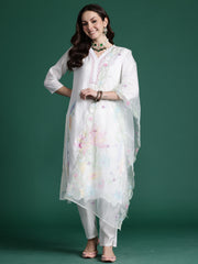 White Solid Straight Kurta Trousers With Dupatta set
