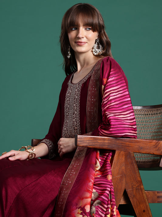 Rust Embroidered Straight Kurta Trousers With Dupatta Set