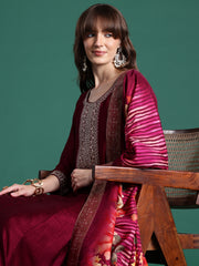 Rust Embroidered Straight Kurta Trousers With Dupatta Set