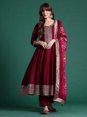 Rust Embroidered Straight Kurta Trousers With Dupatta Set