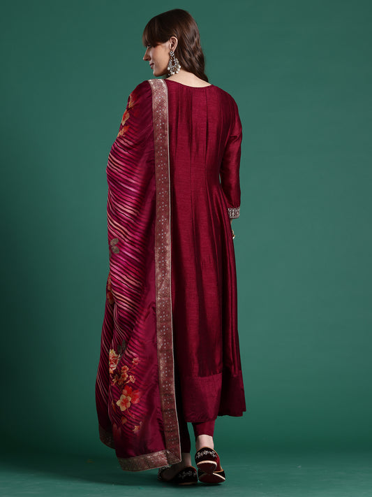 Rust Embroidered Straight Kurta Trousers With Dupatta Set