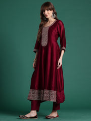 Rust Embroidered Straight Kurta Trousers With Dupatta Set