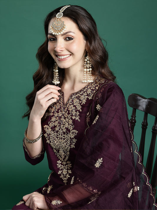 Pink Embroidered Straight Kurta Trousers With Dupatta Set
