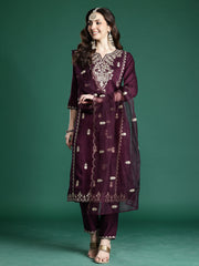 Pink Embroidered Straight Kurta Trousers With Dupatta Set