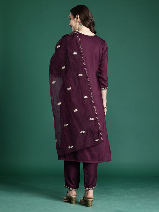 Pink Embroidered Straight Kurta Trousers With Dupatta Set
