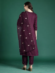 Pink Embroidered Straight Kurta Trousers With Dupatta Set