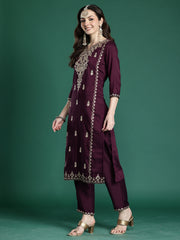 Pink Embroidered Straight Kurta Trousers With Dupatta Set