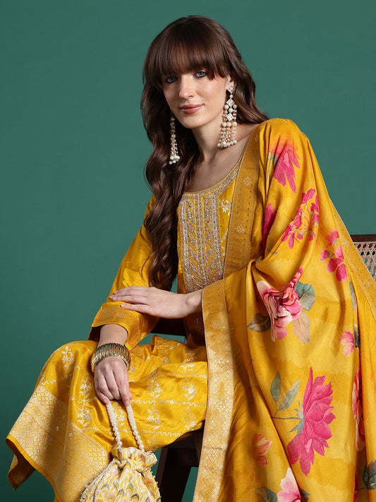 Blue Embroidered Straight Kurta Trousers With Dupatta set