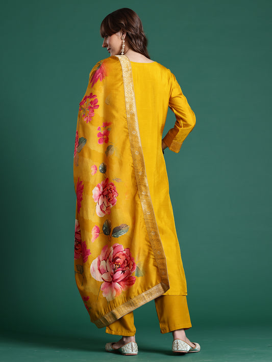 Blue Embroidered Straight Kurta Trousers With Dupatta set