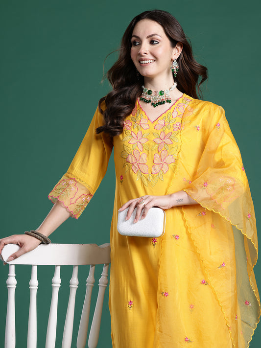 Burgundy Embroidered Straight Kurta Trousers With Dupatta Set