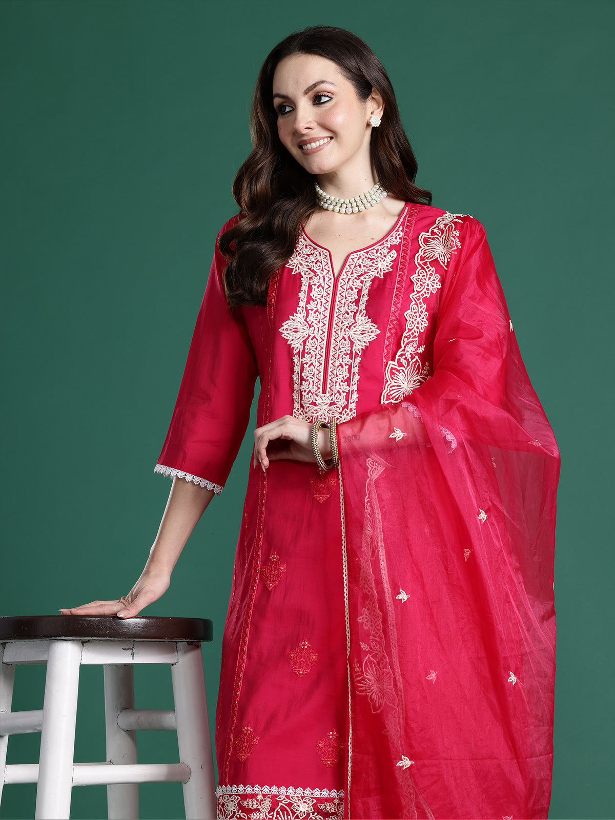 Yellow Embroidered Straight Kurta Trousers With Dupatta Set