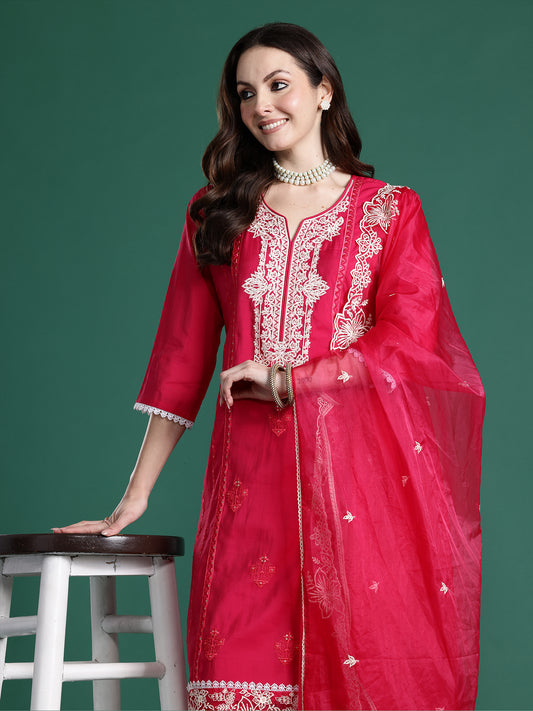 Yellow Embroidered Straight Kurta Trousers With Dupatta Set