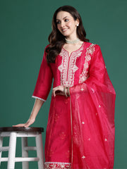 Yellow Embroidered Straight Kurta Trousers With Dupatta Set