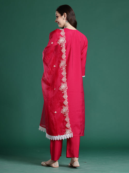 Yellow Embroidered Straight Kurta Trousers With Dupatta Set