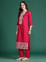 Yellow Embroidered Straight Kurta Trousers With Dupatta Set