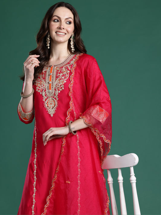 Pink Solid Straight Kurta Trousers With Dupatta set-KH9RP11159