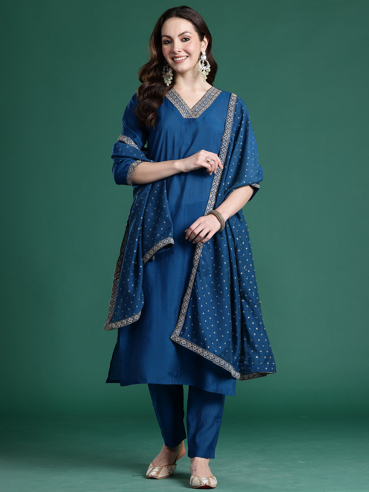 Blue Embroidered Straight Kurta Trousers With Dupatta set-KH9BL10850