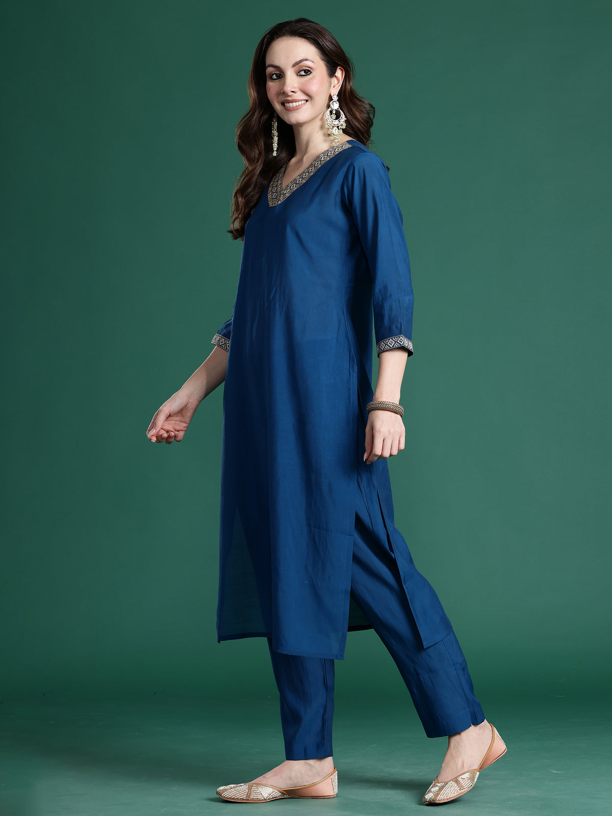 Blue Embroidered Straight Kurta Trousers With Dupatta set-KH9BL10850