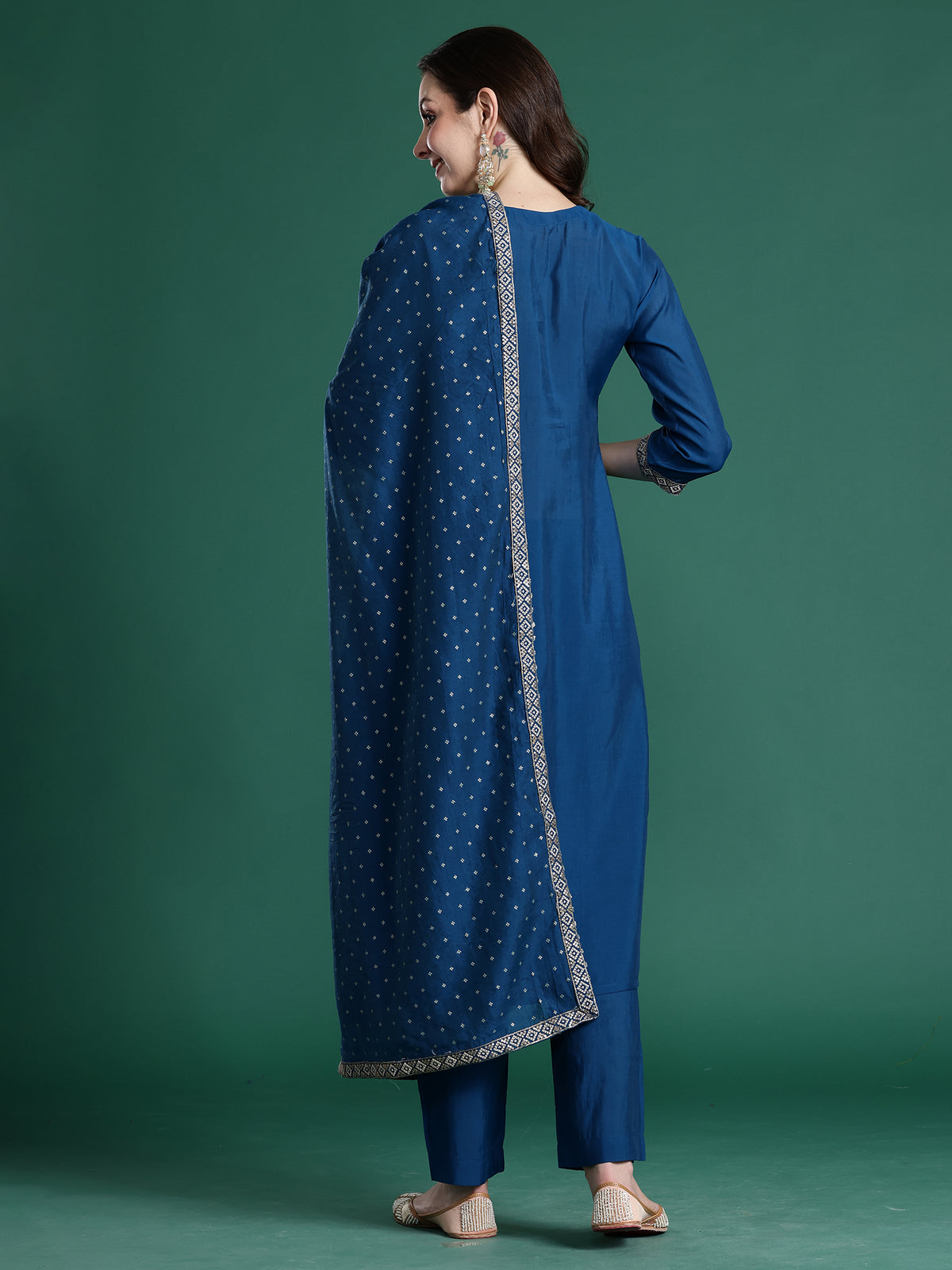 Blue Embroidered Straight Kurta Trousers With Dupatta set-KH9BL10850