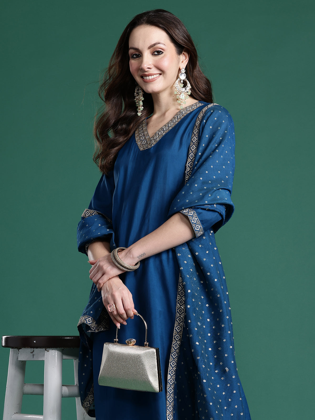 Blue Embroidered Straight Kurta Trousers With Dupatta set-KH9BL10850