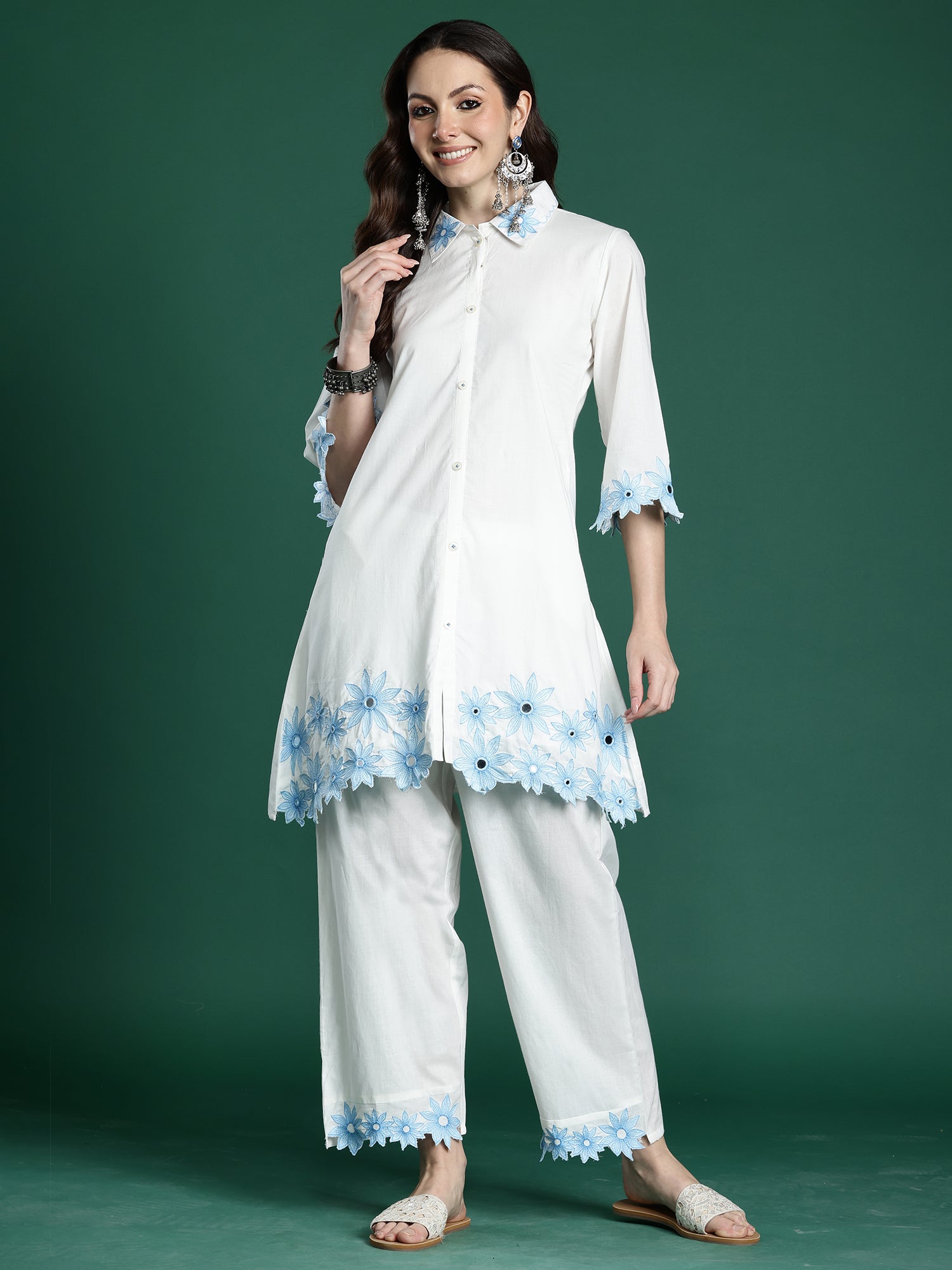 White Embroidered A-Line Kurta Palazzos Set