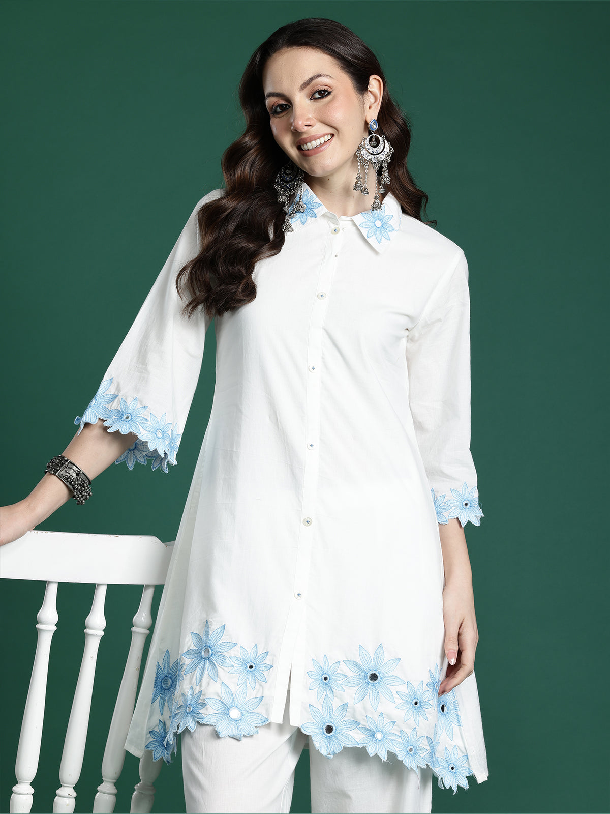 White Embroidered A-Line Kurta Palazzos Set