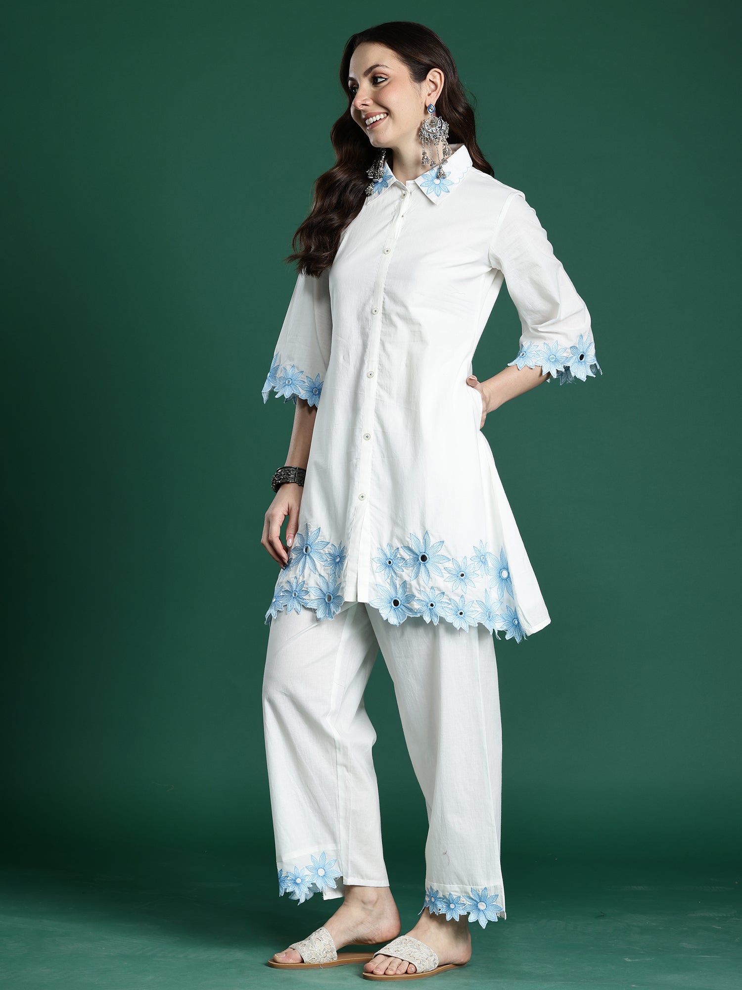 White Embroidered A-Line Kurta Palazzos Set