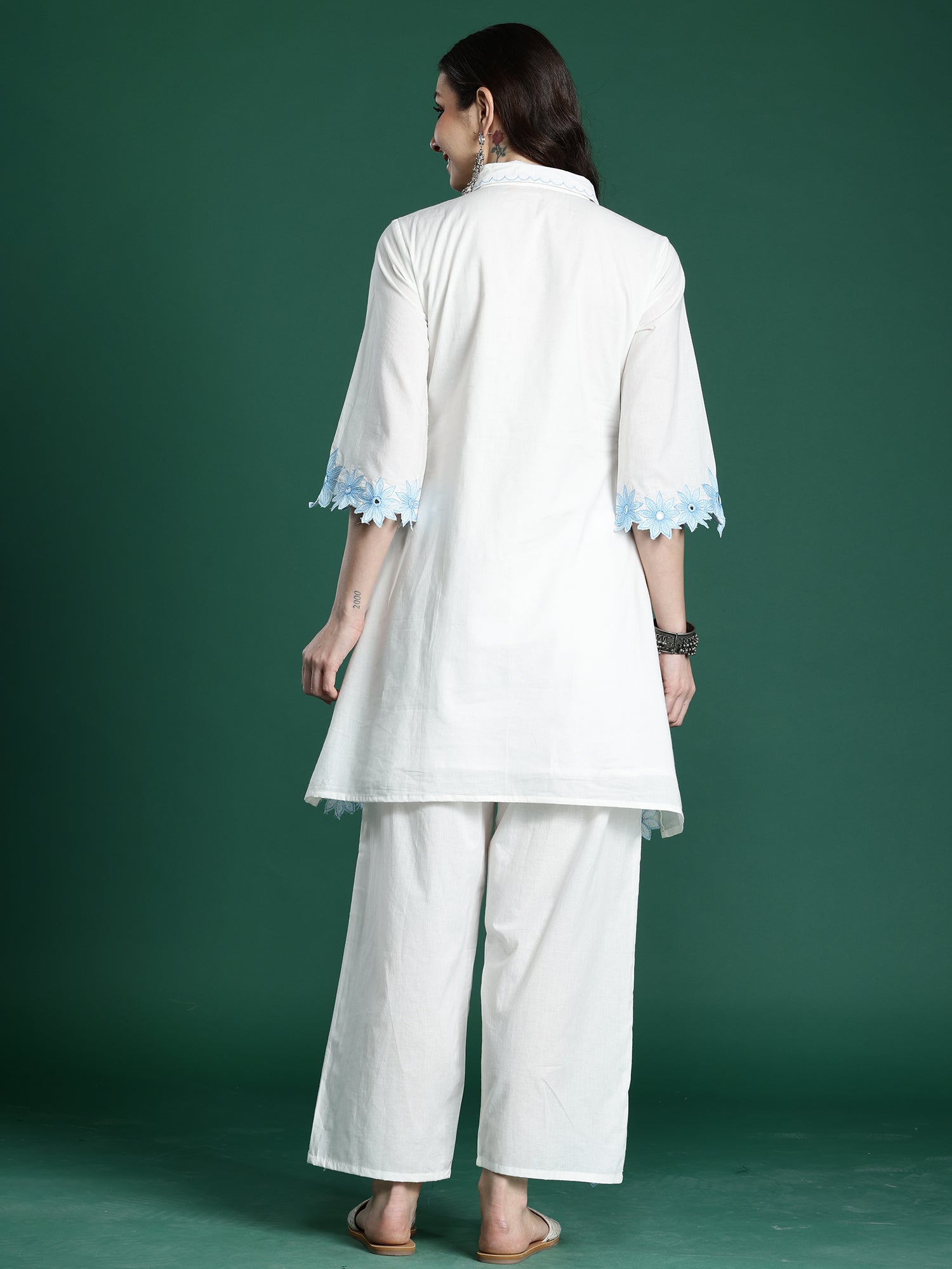 White Embroidered A-Line Kurta Palazzos Set