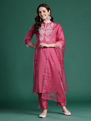 Black Embroidered Straight Kurta Trousers With Dupatta set