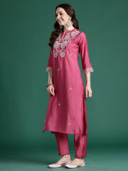 Black Embroidered Straight Kurta Trousers With Dupatta set