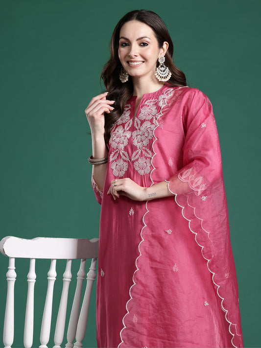 Black Embroidered Straight Kurta Trousers With Dupatta set