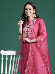 Black Embroidered Straight Kurta Trousers With Dupatta set