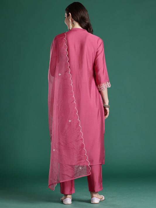 Black Embroidered Straight Kurta Trousers With Dupatta set