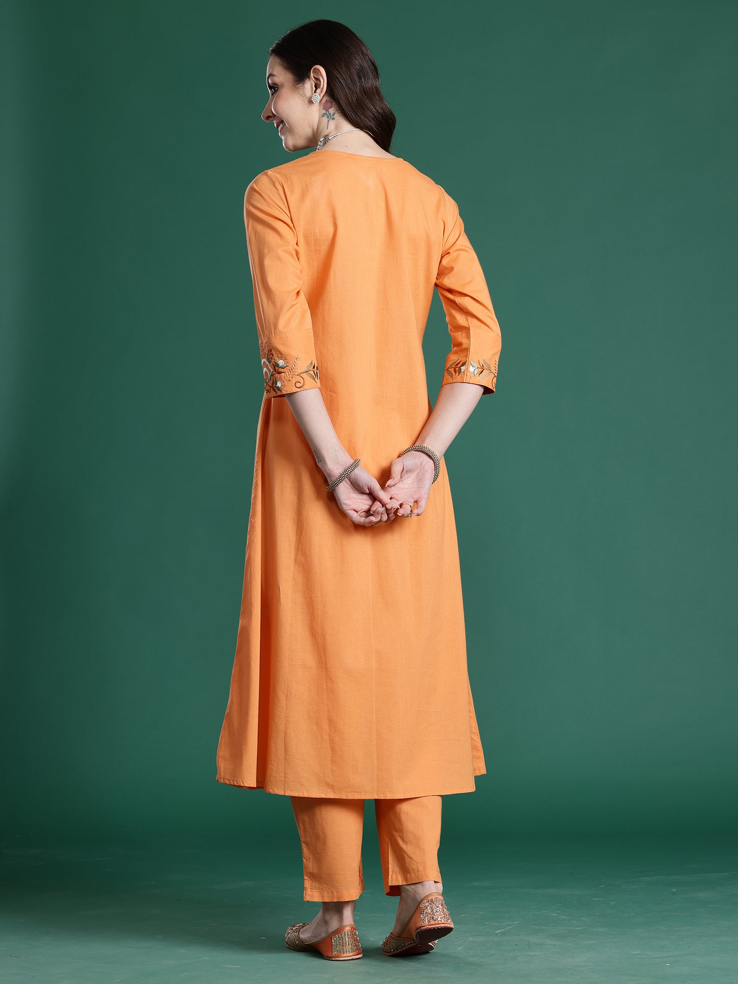 Orange Embroidered A-Line Kurta Trousers Set