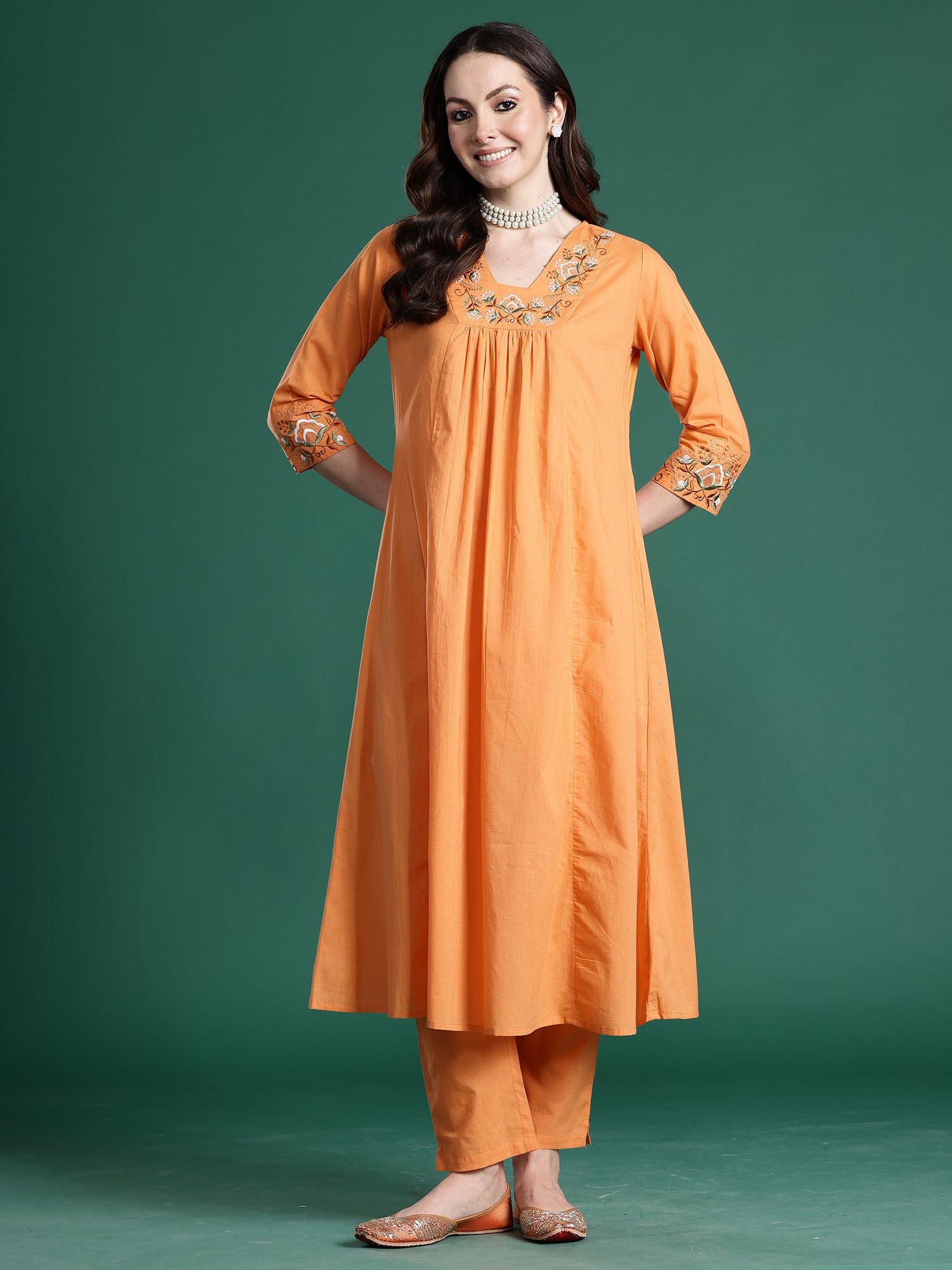 Orange Embroidered A-Line Kurta Trousers Set