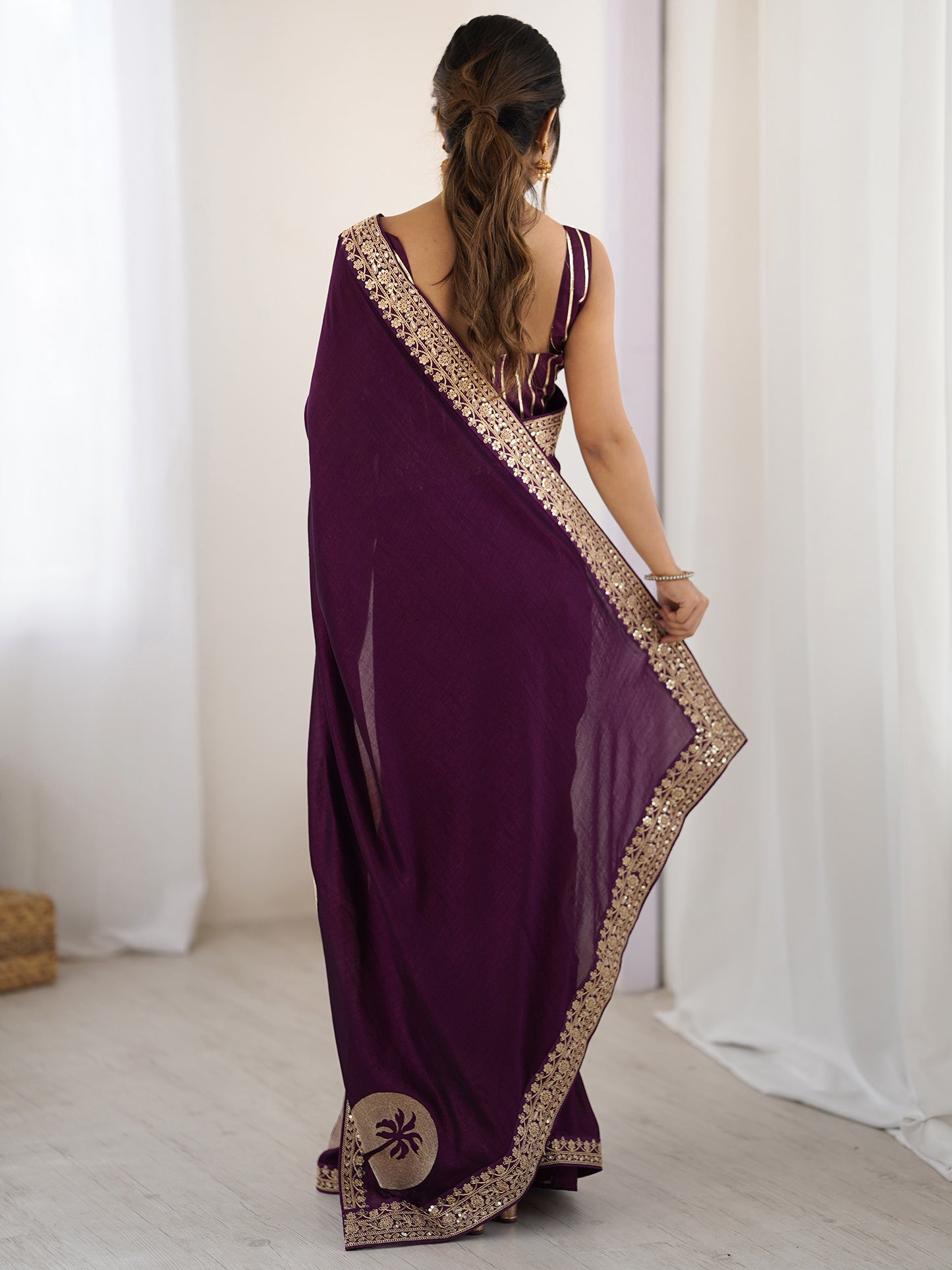 Women's Vichitra Silk Purple Embellished Designer Saree With Blouse Piece