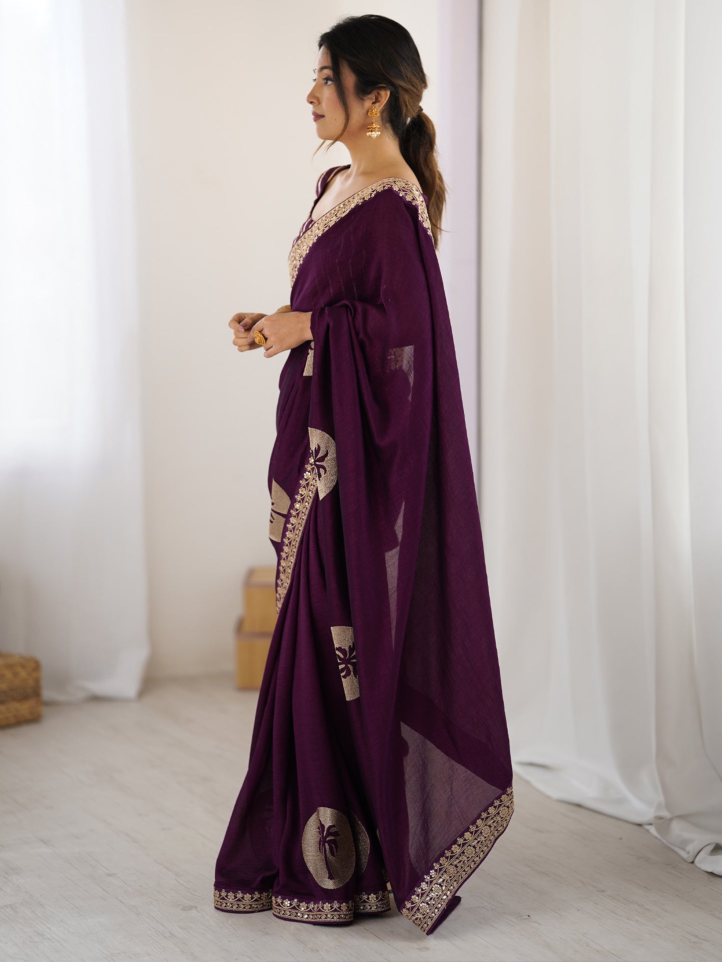 Women's Vichitra Silk Purple Embellished Designer Saree With Blouse Piece