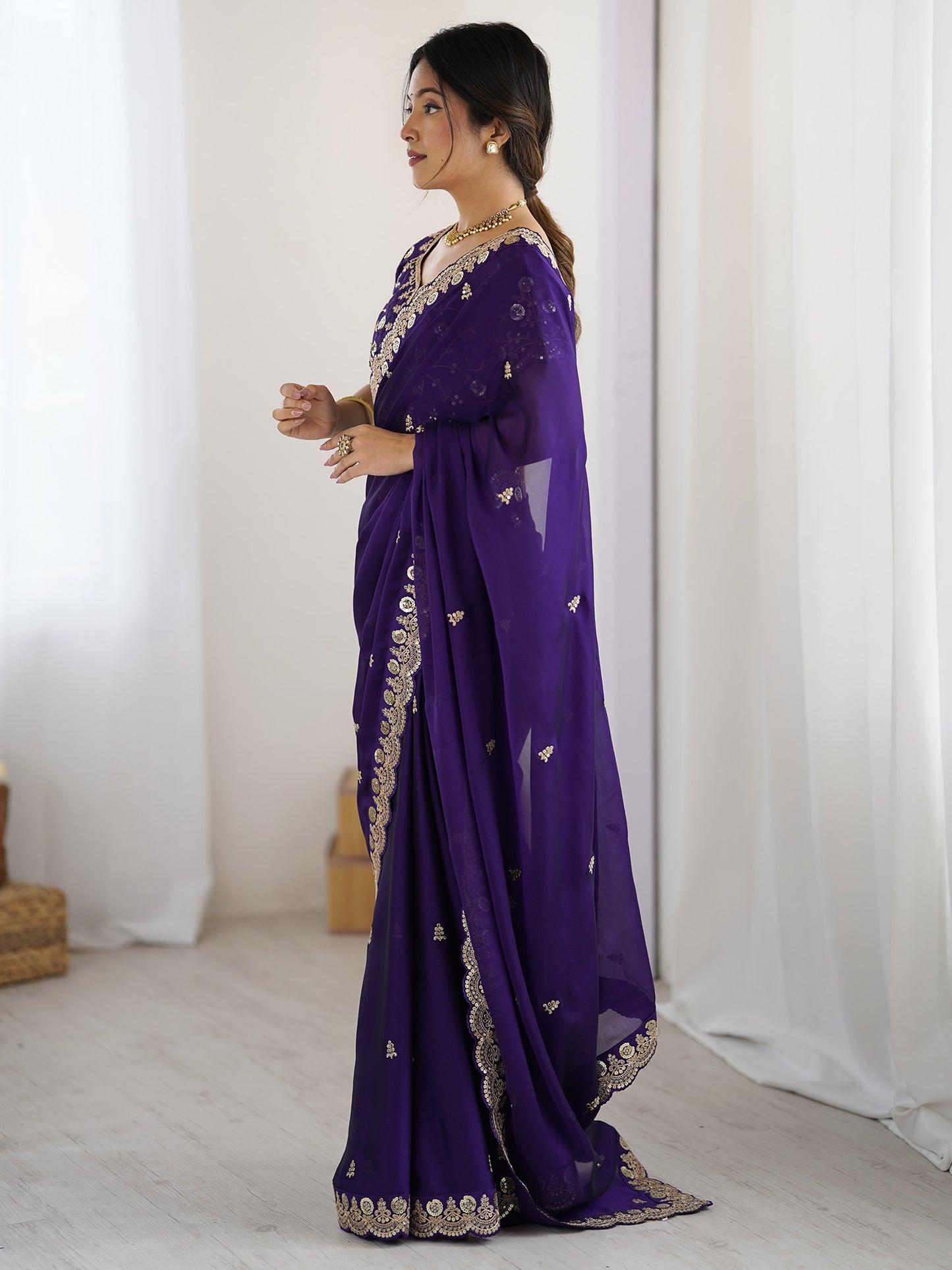 Women's Pure Georgette Purple Embellished Designer Saree With Blouse Piece