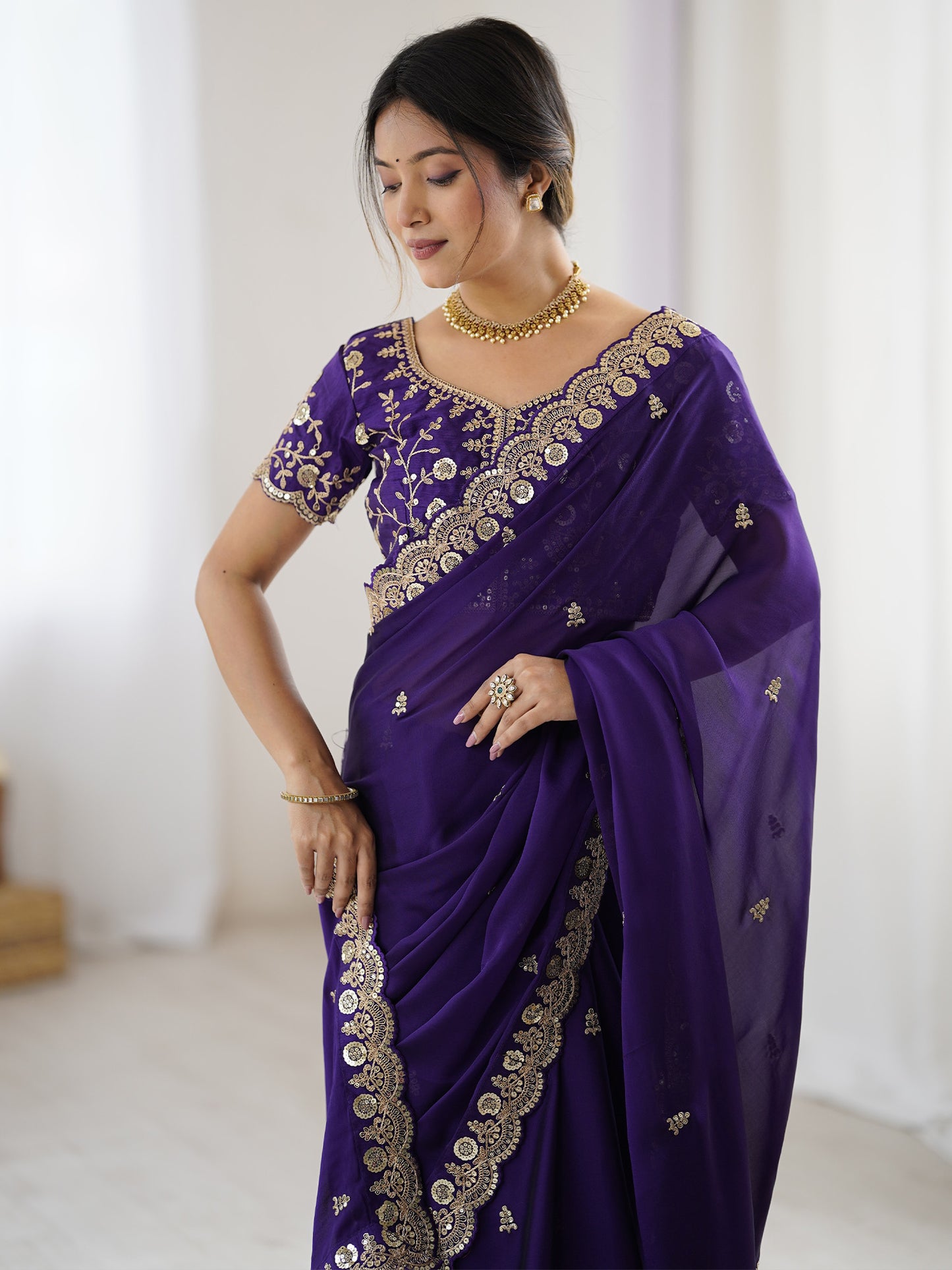 Women's Pure Georgette Purple Embellished Designer Saree With Blouse Piece