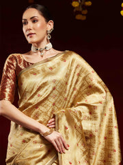 ساري نسائي بتصميم فاخر من حرير الليتشي الذهبي المنسوج مع قطعة بلوزة