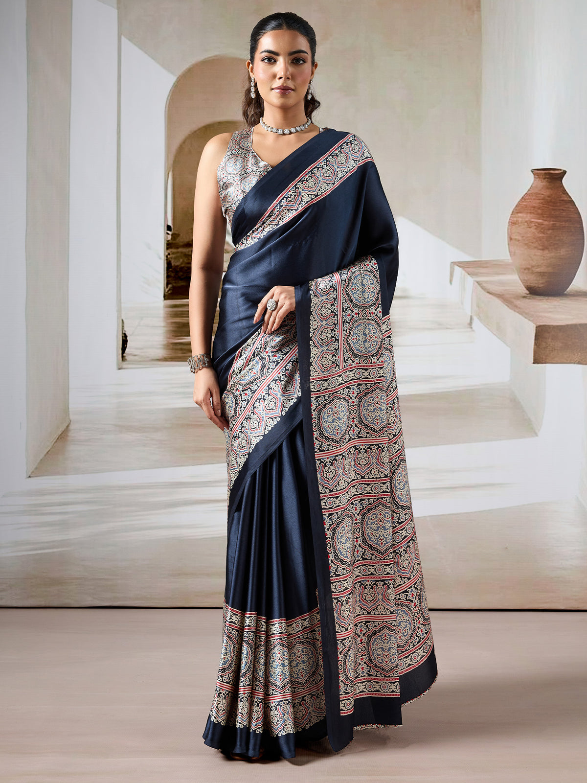 Women's Satin Printed Designer Saree With Blouse Piece