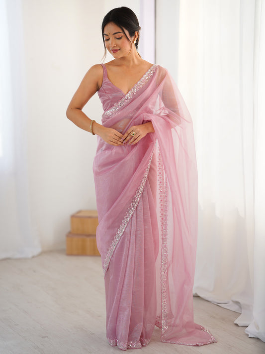 Women's Net Pink Embellished Designer Saree With Blouse Piece