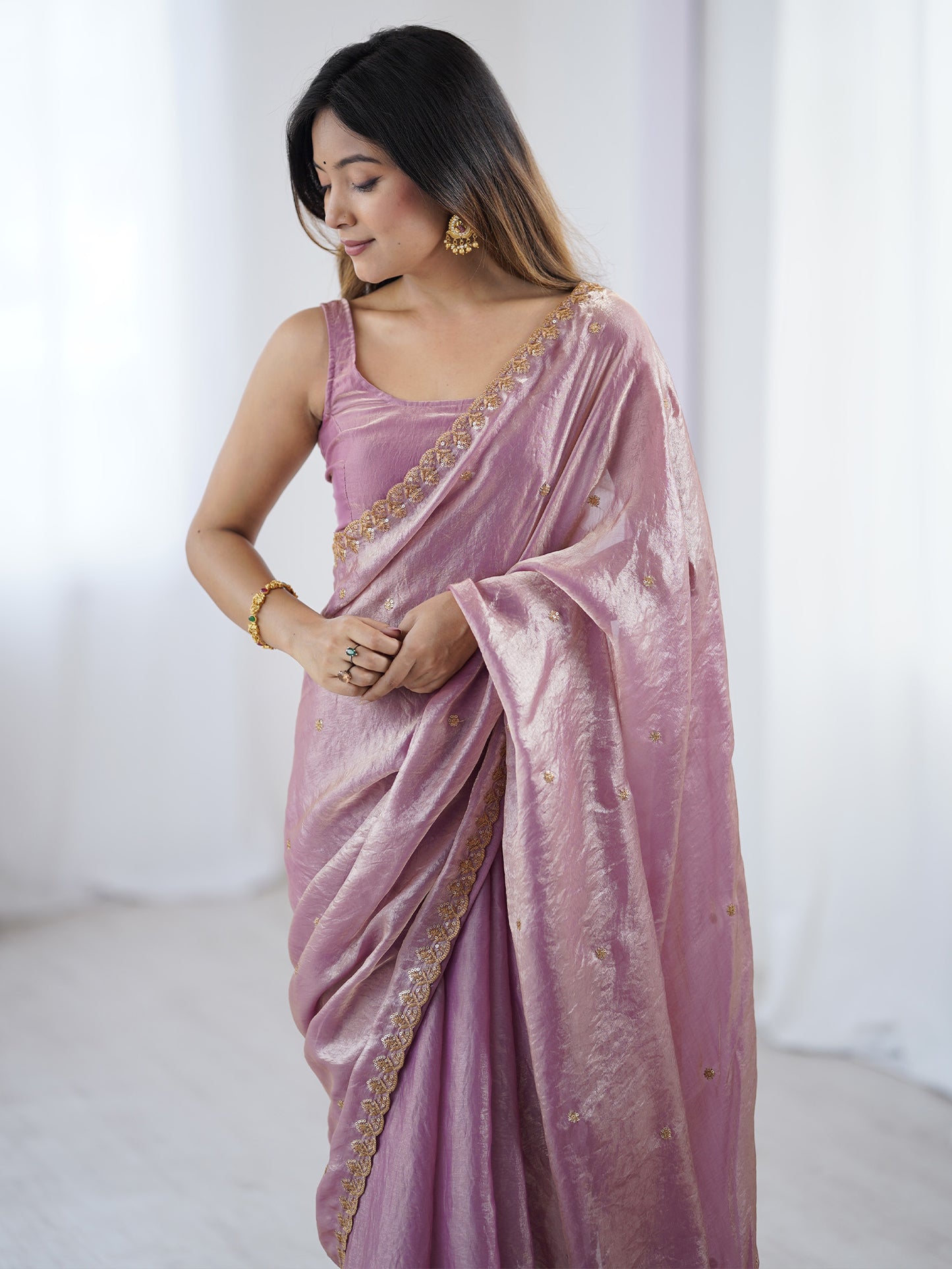 Women's Paper Silk Mauve Embellished Designer Saree With Blouse Piece