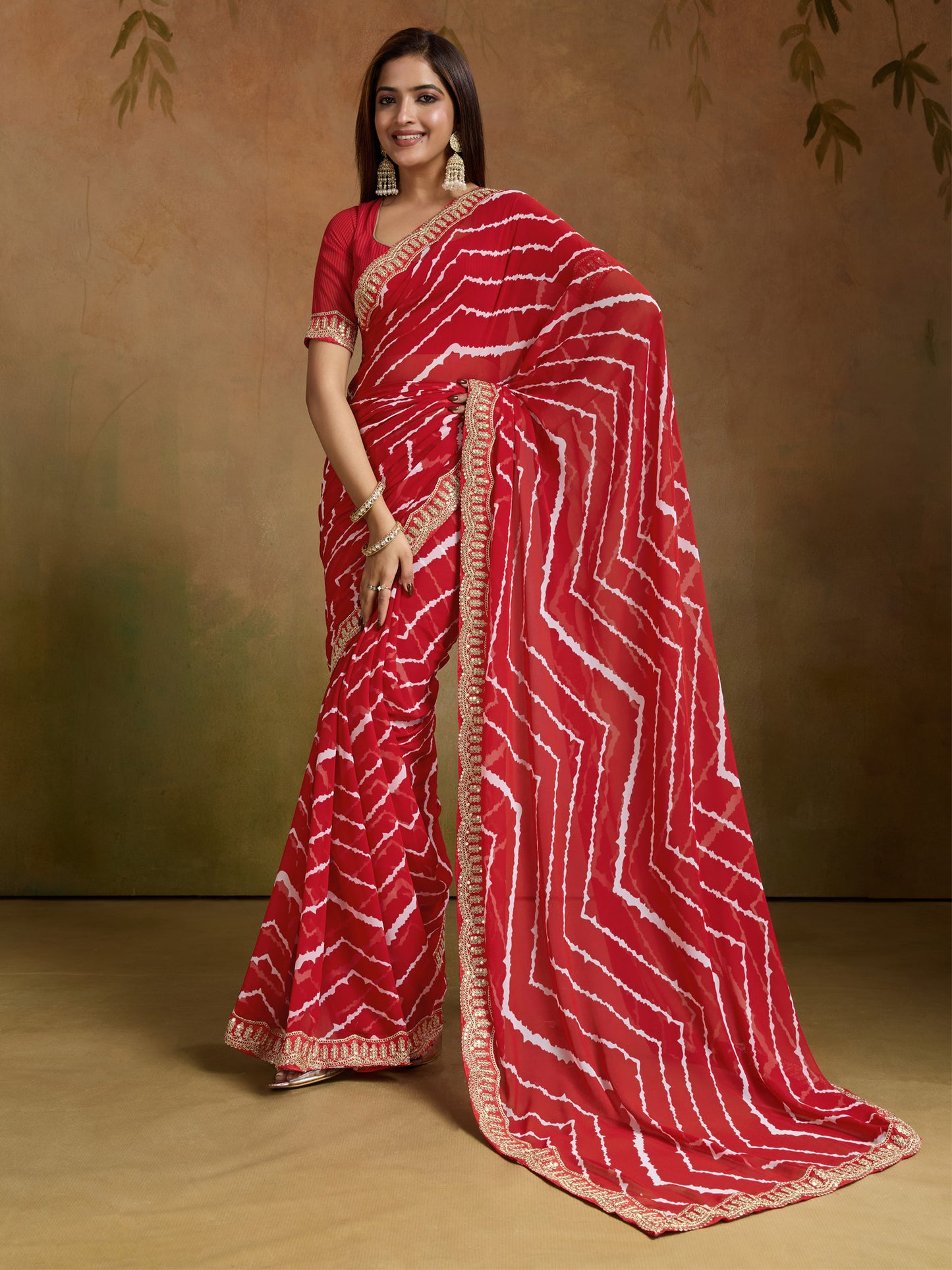 Women's Georgette Red Printed Designer Saree With Blouse Piece