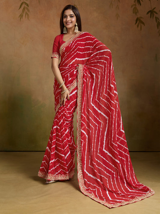 Women's Georgette Red Printed Designer Saree With Blouse Piece